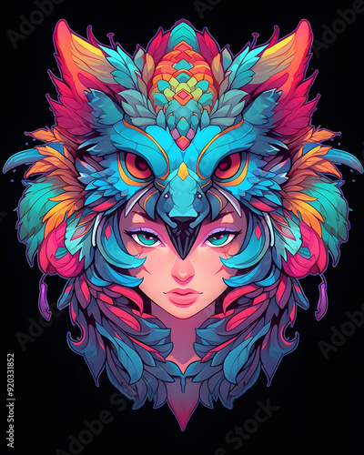 Beautiful womans face wearing griffin costume illustration