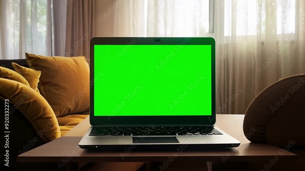 Laptop Green Screen Display on Home Work Room Background Mock-up. Laptop Green Screen Display on Home Work Room Background Mock-up.