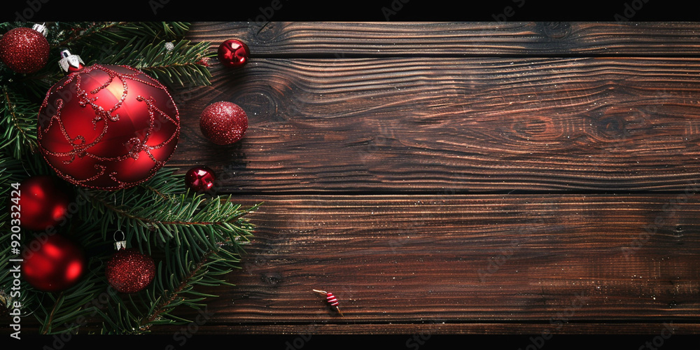 Christmas tree branches and red balls decorations on wooden background Christmas tree branches and red balls decorations on wooden background