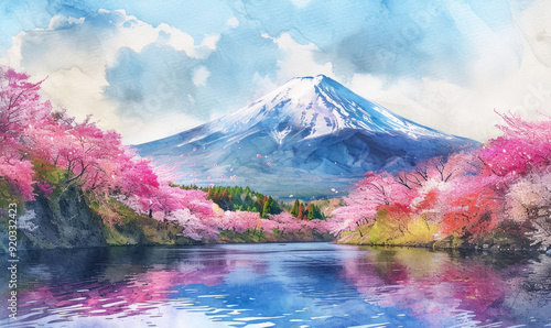 Watercolor Fuji mountain and Pink Sakura Trees along Uruigawa River in Spring, Fujinomiya, Shizuoka, Japan photo