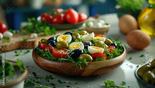 Fresh vegetable salad with olives and eggs on a rustic table in a bright kitchen