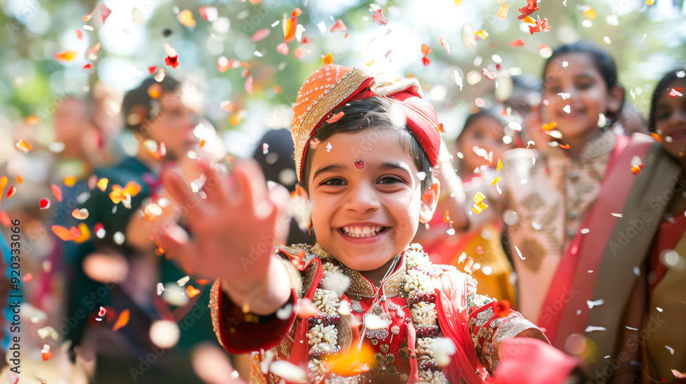 Indian wedding baraat, children dancing and playing with confetti Indian wedding baraat, children dancing and playing with confetti