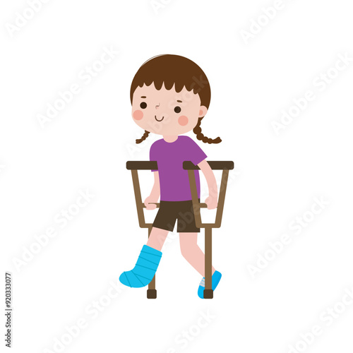 kid injured with broken leg in gypsum. little children standing on crutches, cartoon teen disabled character broken leg in plaster. isolated on white background Vector illustration