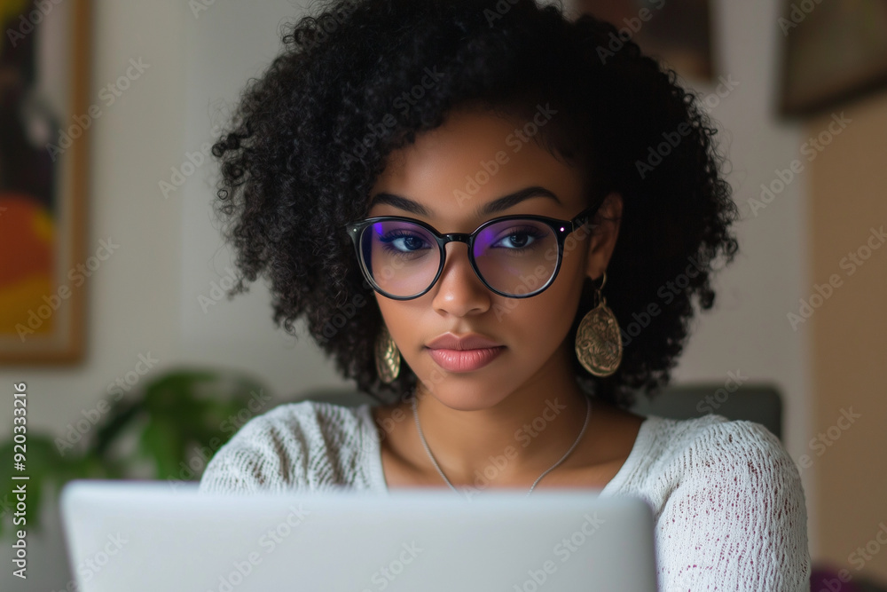 woman wearing glasses is looking at a laptop woman wearing glasses is looking at a laptop