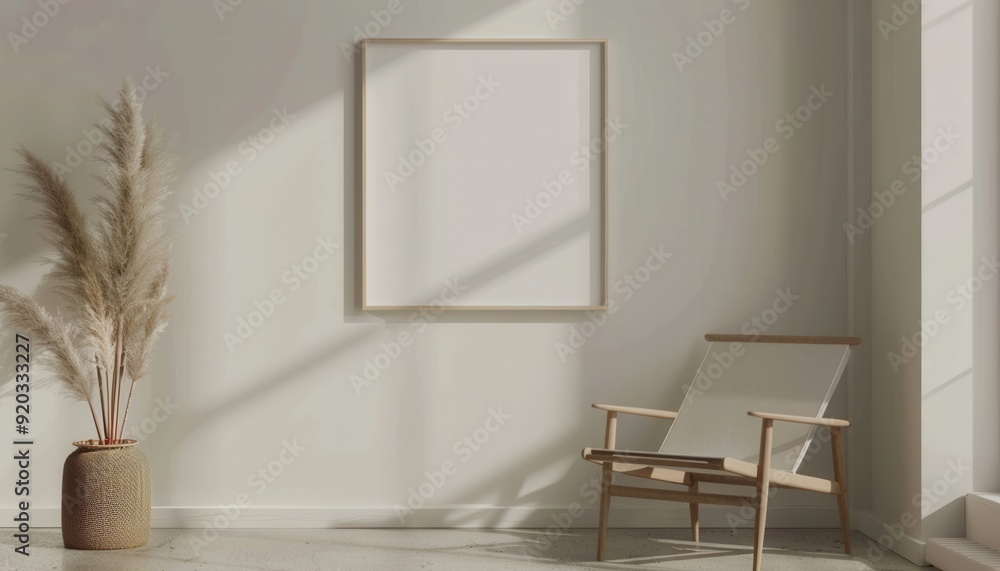 Cozy modern interior with a minimalist chair and empty frame in bright sunlight Cozy modern interior with a minimalist chair and empty frame in bright sunlight