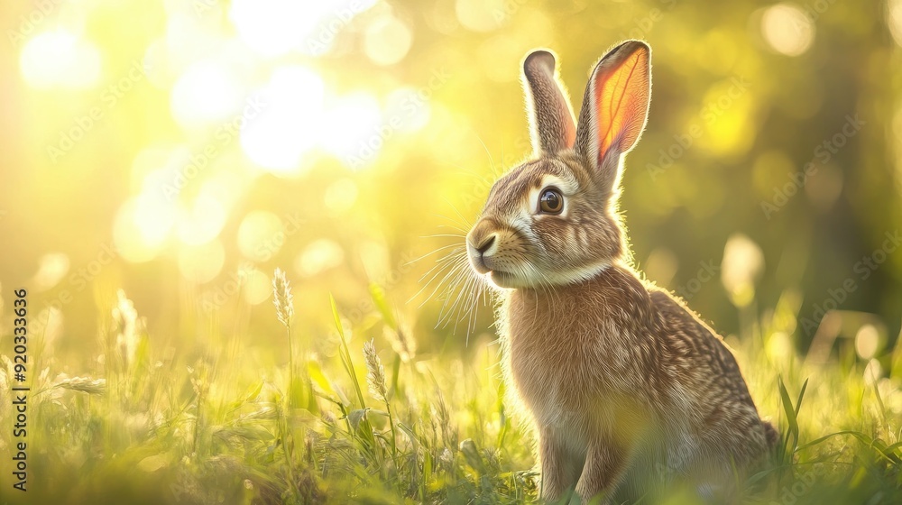 Obraz premium Hare grazing field grass. Generative AI