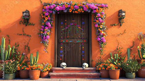 Fototapeta Naklejka Na Ścianę i Meble -  3d illustration of front house with day of the dead concept colorful flower cute with orange wall background. For celebrating halloween.