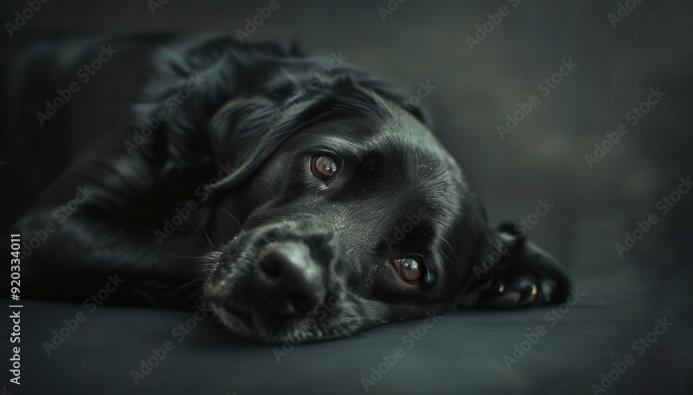 Black dog resting with gentle expression on dark background indoors Black dog resting with gentle expression on dark background indoors