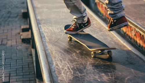 Skater performing tricks on a ramp during sunset at a urban skate park