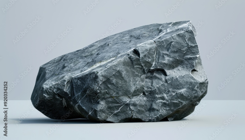 Large angular rock displayed on a plain surface against a neutral background Large angular rock displayed on a plain surface against a neutral background