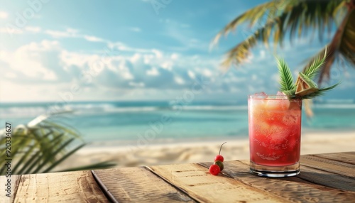 Fototapeta Naklejka Na Ścianę i Meble -  Tropical cocktail, placed on a wooden table overlooking a vibrant beach, with copy space realistic photo --ar 7:4 Job ID: ee6b1162-343b-4cf5-9973-77199bca32a9