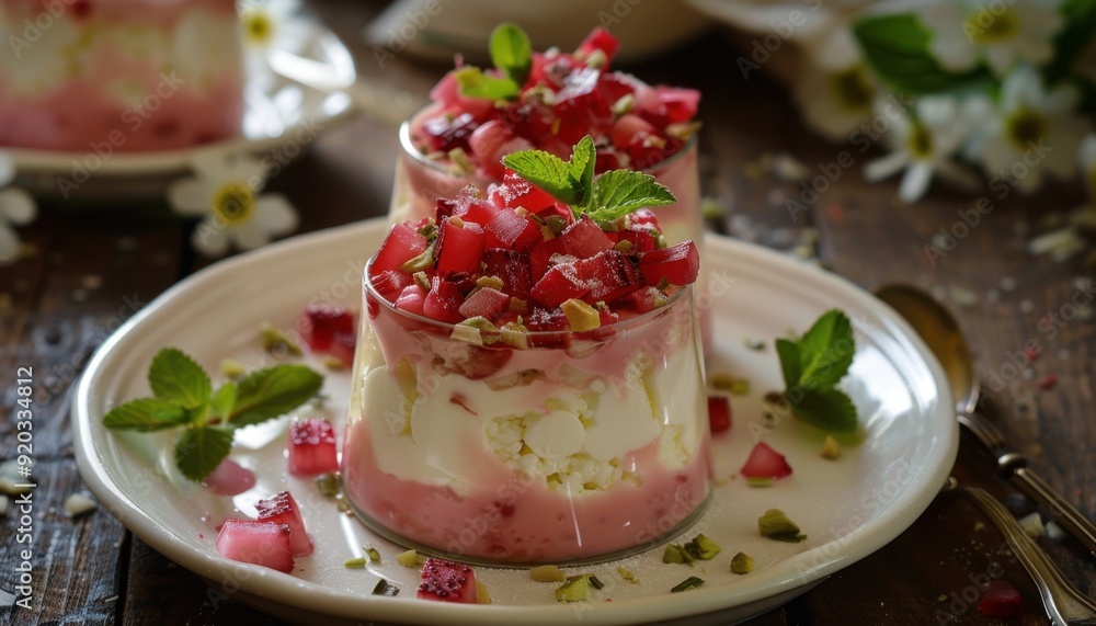 Delicious dessert with fresh fruit and mint on a rustic wooden table Delicious dessert with fresh fruit and mint on a rustic wooden table