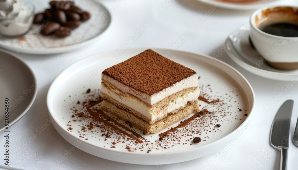 Delicious tiramisu dessert served on a white plate with coffee and chocolate treats nearby Delicious tiramisu dessert served on a white plate with coffee and chocolate treats nearby