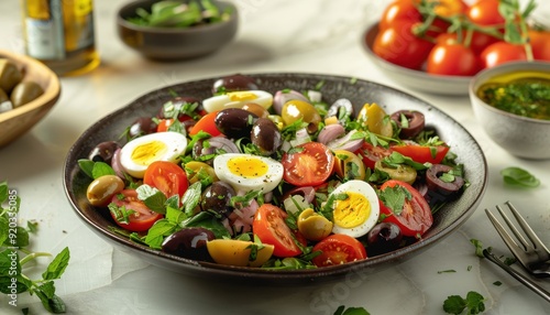 Fresh vegetable salad with olives and eggs on a marble countertop