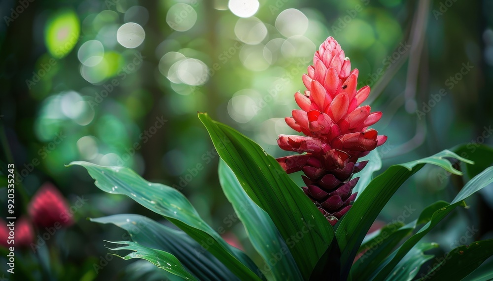 Vibrant red ginger flower blooming in a lush tropical rainforest during the afternoon Vibrant red ginger flower blooming in a lush tropical rainforest during the afternoon