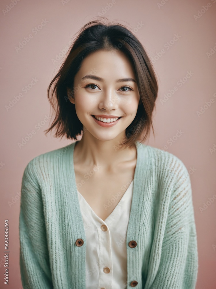 Beautiful asian woman wearing cardigan in pastel color look with paster background. Beautiful asian woman wearing cardigan in pastel color look with paster background.
