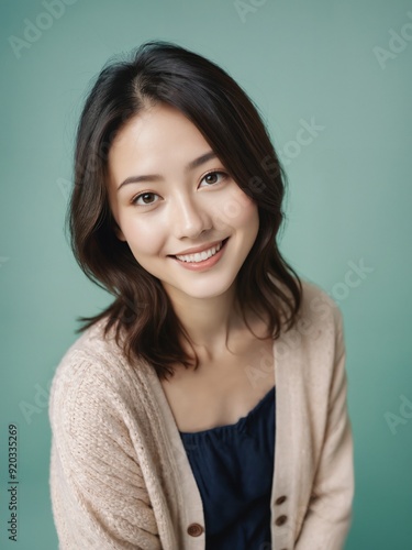 Beautiful asian woman wearing cardigan in pastel color look with paster background.