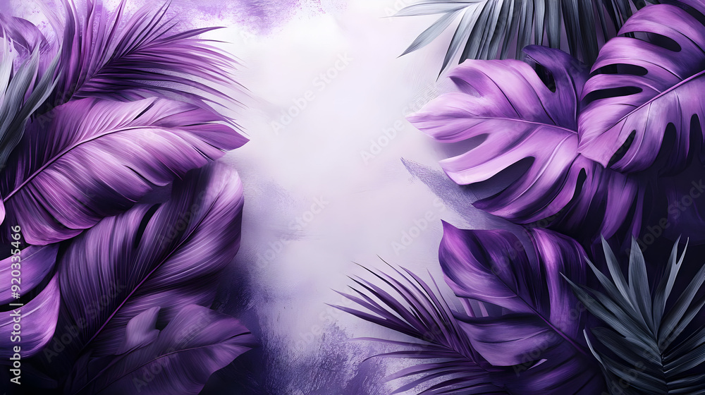A vibrant digital illustration of purple tropical leaves against a soft background. A vibrant digital illustration of purple tropical leaves against a soft background.