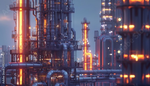 Industrial complex with glowing pipelines at twilight