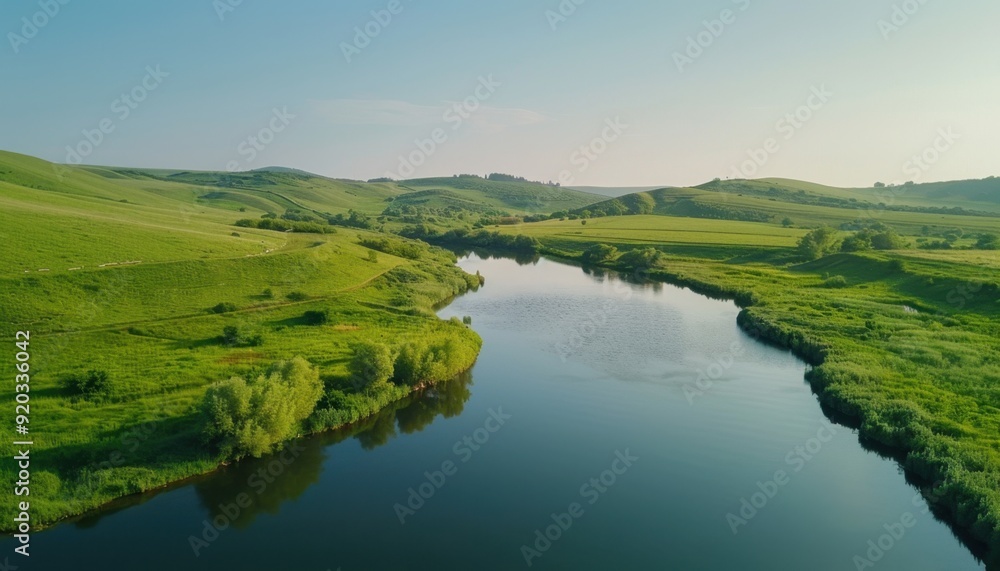 Calm river flowing through lush green hills in the early morning light Calm river flowing through lush green hills in the early morning light