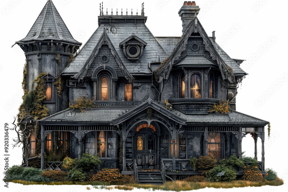 Fototapeta premium A spooky, vintage mansion with dark walls, ivy, and glowing windows, perfect for Halloween or haunted themes.