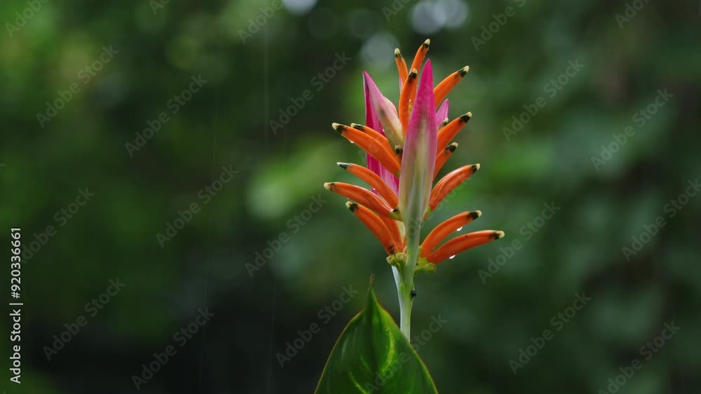 Close up of Heliconia psittacorum or Heliconia Golden Torch, False Bird of Paradise Flower blooming in rainy days.Tropical flowers Close up of Heliconia psittacorum or Heliconia Golden Torch, False Bird of Paradise Flower blooming in rainy days.Tropical flowers