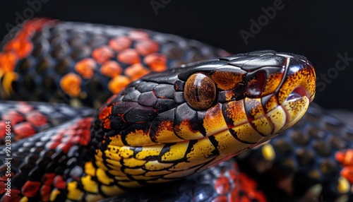 Colorful snake coiled in a natural pose against a dark background