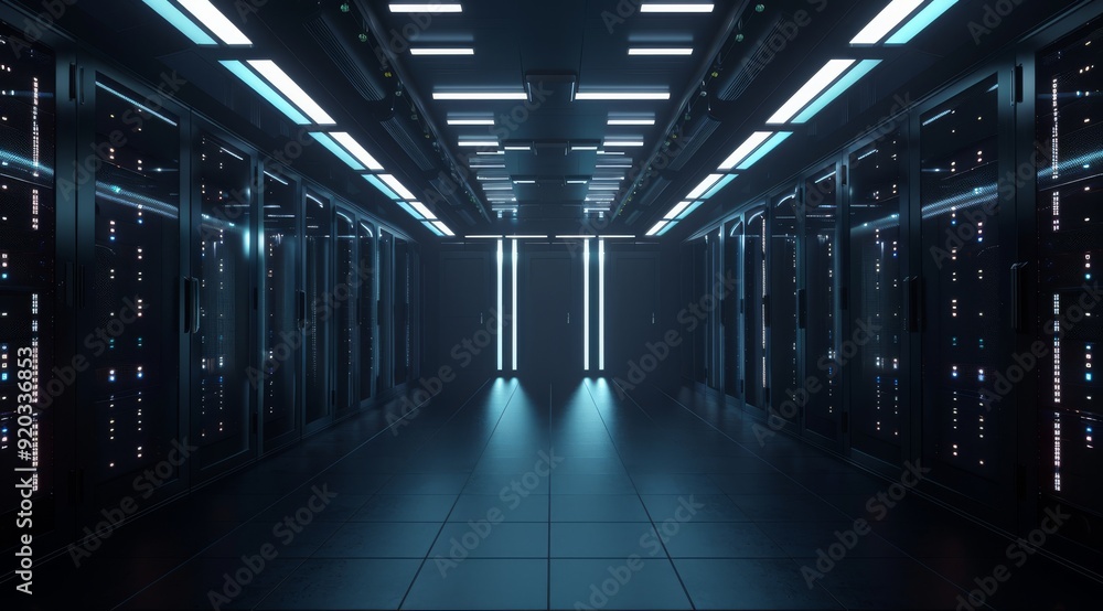This is a cuttingedge modern data center that features multiple server racks and uses ambient LED lighting This is a cuttingedge modern data center that features multiple server racks and uses ambient LED lighting