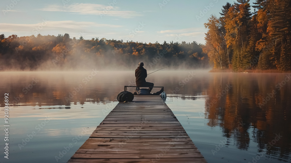 A man fishing from a wooden dock on a lake A man fishing from a wooden dock on a lake
