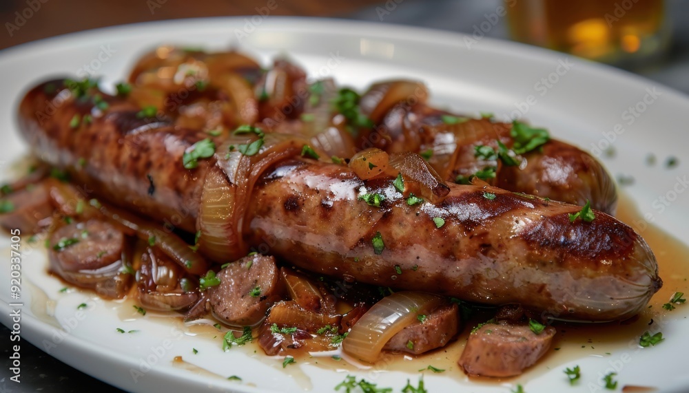 Grilled sausage with caramelized onions served on a white plate at a cozy restaurant Grilled sausage with caramelized onions served on a white plate at a cozy restaurant