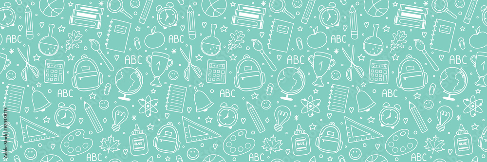 School texture with cartoon stationery. Back to school background design. Banner. Vector illustration School texture with cartoon stationery. Back to school background design. Banner. Vector illustration