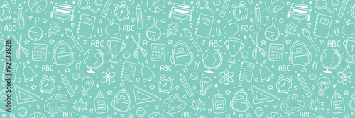 School texture with cartoon stationery. Back to school background design. Banner. Vector illustration