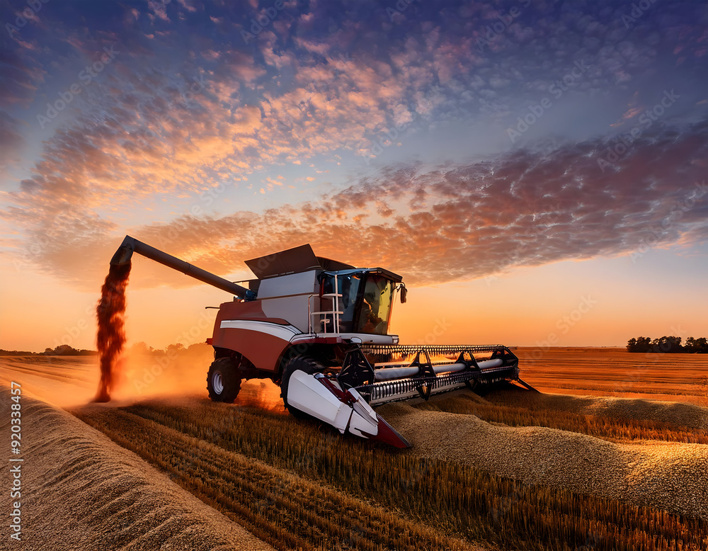 Fototapeta premium a modern agricultural machine in the act of unloading harvested grains in a field, under a striking dusk sky. The image should convey the power and efficiency of modern agriculture, with the vibrant c