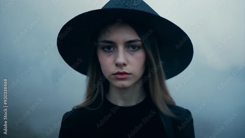 girl in black cone hat standing against fog background. halloween concept girl in black cone hat standing against fog background. halloween concept