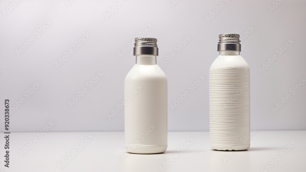 It's a blue glass bottle with a gold lid, filled with white liquid, and a clear, round nipple. It's a blue glass bottle with a gold lid, filled with white liquid, and a clear, round nipple.