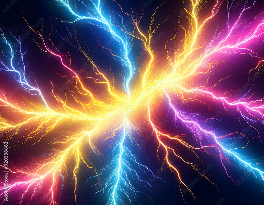 vivid neon lightning bolts in shades of yellow, blue, and pink against a dark backdrop. The design should symbolize energy and electric power, with the bright neon colors contrasting sharply against t vivid neon lightning bolts in shades of yellow, blue, and pink against a dark backdrop. The design should symbolize energy and electric power, with the bright neon colors contrasting sharply against t