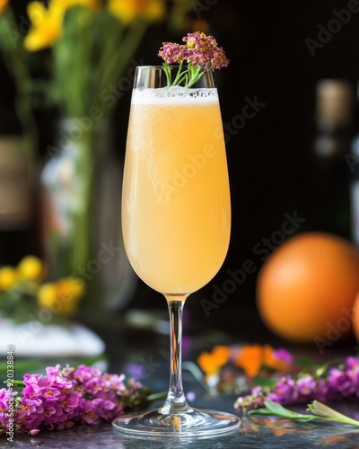 Mimosa Mayhem Ingredients: Champagne, Fresh Grapefruit Juice, Elderflower Liqueur, Honey Syrup, Ice Edible flowers for garnish