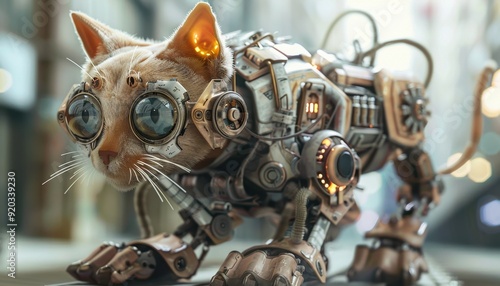 A robotic cat with intricate machinery exploring a futuristic urban alleyway at dusk