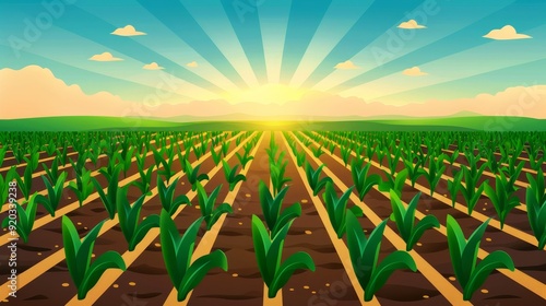 Rows of corn plants in a simple field, flat design, minimal details, 2D vector art, soft pastel colors