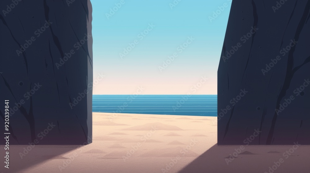 Fototapeta premium A cave entrance set against a plain background, minimalist design, clean lines, 2D vector illustration, simple color palette