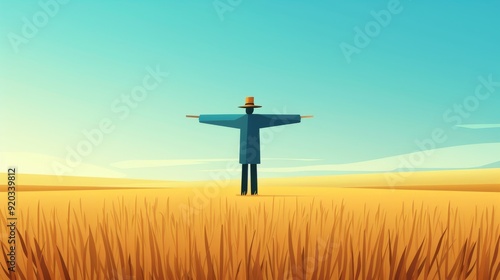 A scarecrow standing in a vast field, minimalist design, clean lines, 2D vector illustration, simple color palette