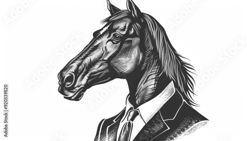 Horse dressed in a suit, creatively blending animal and human characteristics in artwork photo