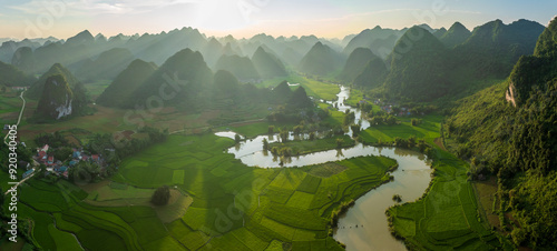 Fotografie Aerial view of Phong Nam valley with rice field and karst mountain in Cao Bang,