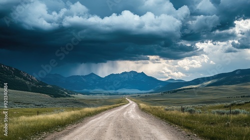 Road mountain range thunder clouds dirt. Generative AI