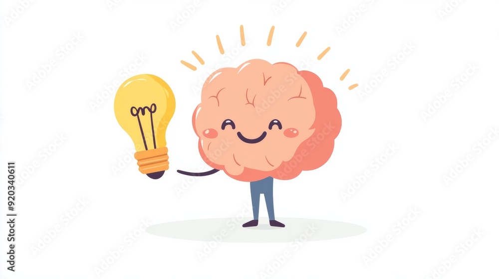 Cartoon illustration of cute happy brain. It is thinking up about creative idea on white color background. Flat doodle style design of smile brain character with yellow light bulb Cartoon illustration of cute happy brain. It is thinking up about creative idea on white color background. Flat doodle style design of smile brain character with yellow light bulb