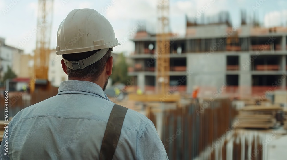 Foreman in Helmet Overseeing Construction Site with Selective Focus Foreman in Helmet Overseeing Construction Site with Selective Focus