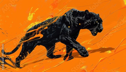 A fierce black jaguar walking through a vivid orange background with dynamic splashes of color photo