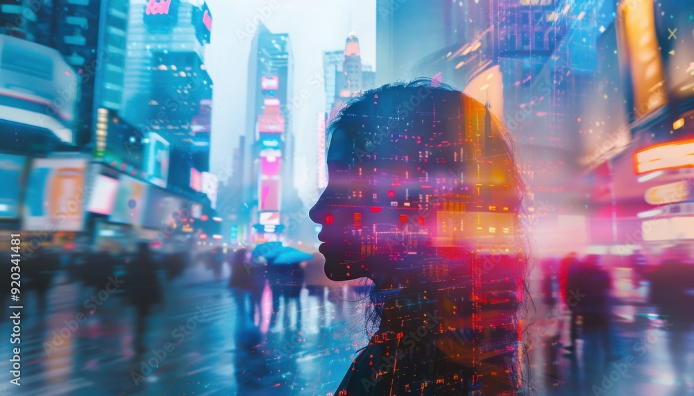 Silhouette of a woman in Times Square with vibrant lights and a rainy atmosphere at dusk Silhouette of a woman in Times Square with vibrant lights and a rainy atmosphere at dusk