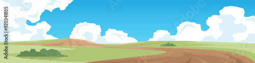 Horizontal view of dirt road that leads straight ahead along a hilly path. Vast grasslands and high and low hills. Under white clouds and blue sky.