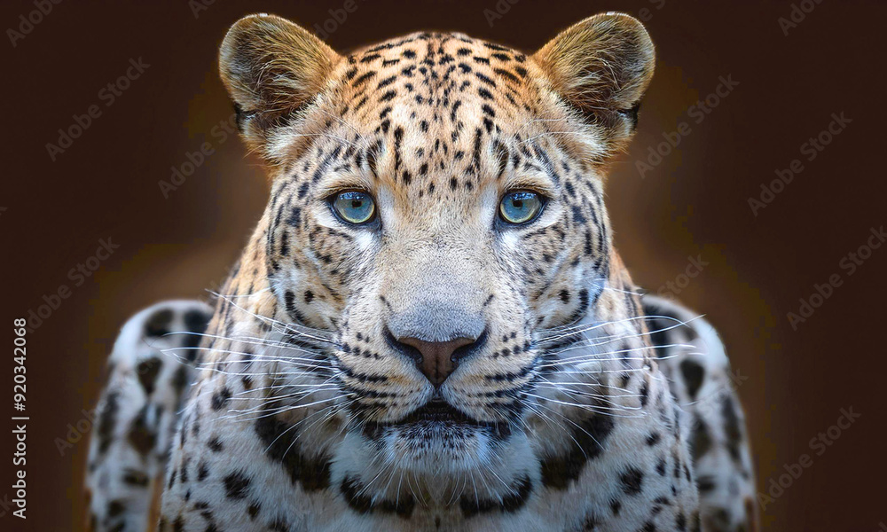 Fototapeta premium Close-up of a leopard's bared face, aggressive eyes, dark background 